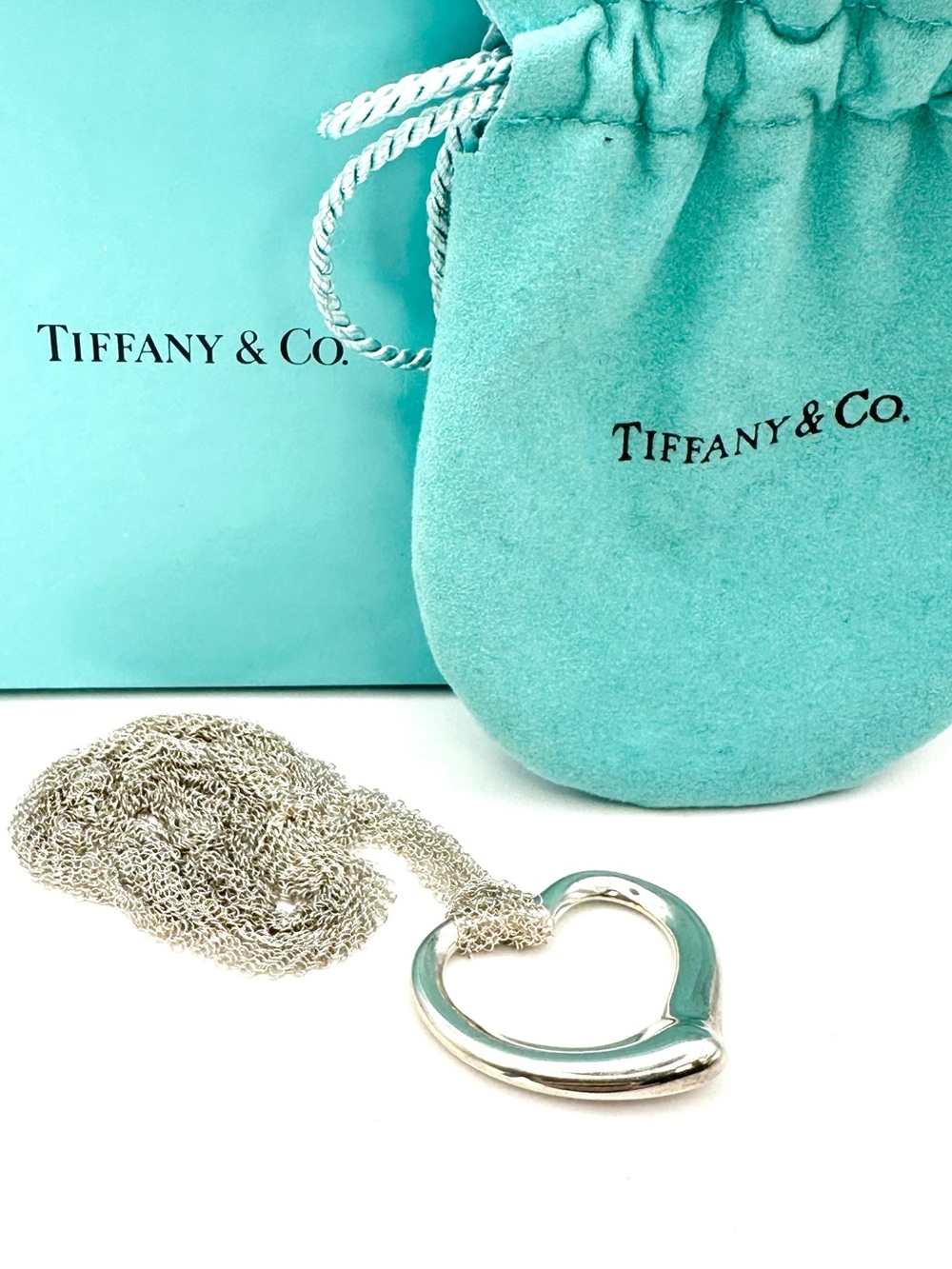 Tiffany & Co Elsa Peretti Silver Open Heart Pendant Multi Strand Mesh Necklace